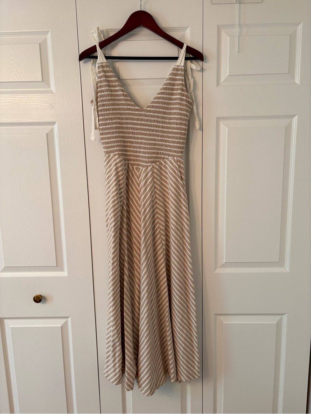 Free People Beige & White Striped Tie-Shoulder Maxi Dress